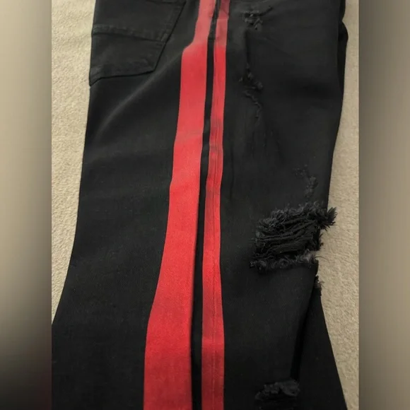 Amiri Jeans 34 Glitter Track Jeans Black With Red Stripe Men's Skinny Distressed - Picture 9 of 14